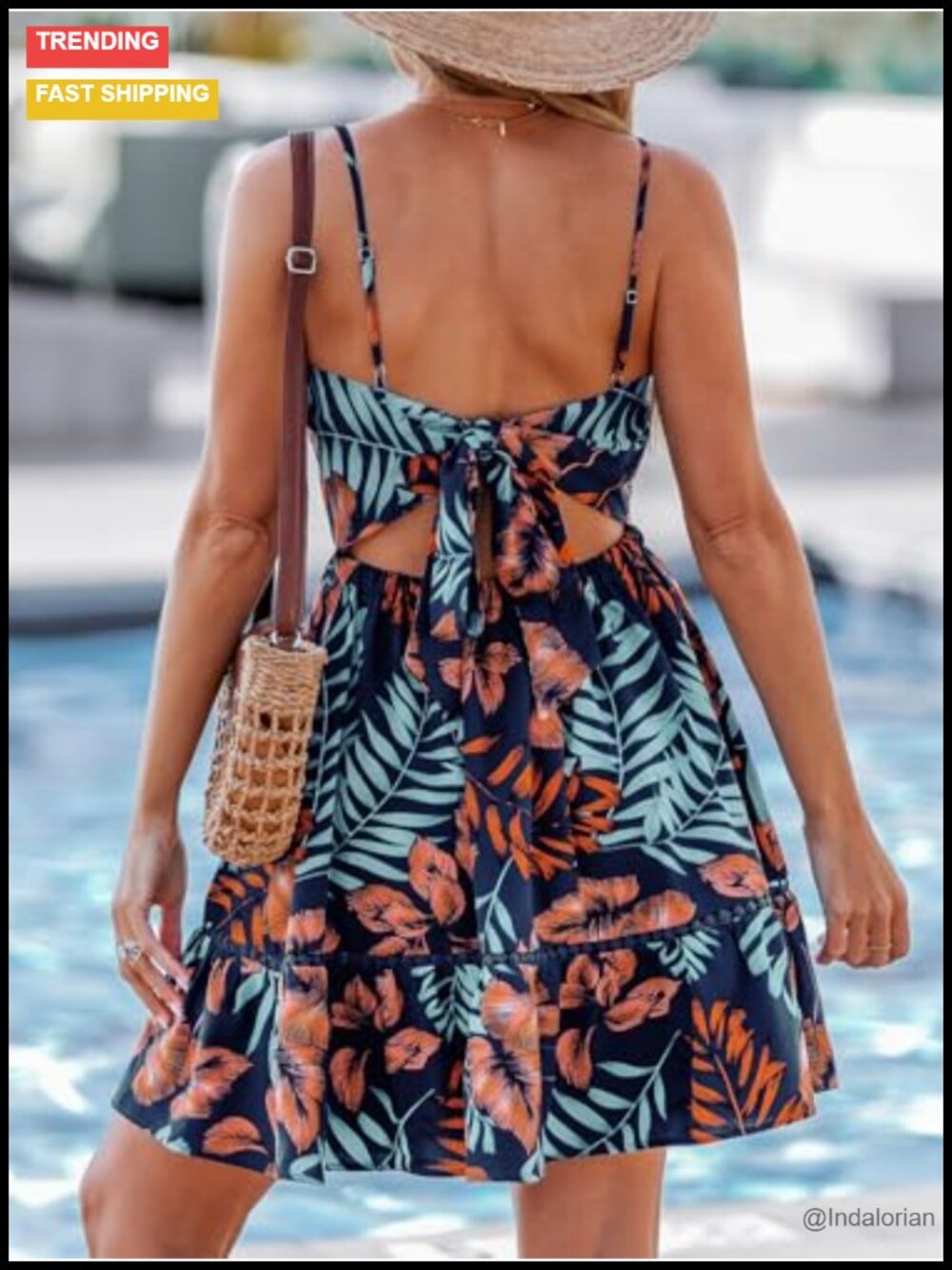 Tropical Print Mini A-Line Sundress V-Neck Self Tie Back Ruffled Sleeveless - Picture 2 of 5